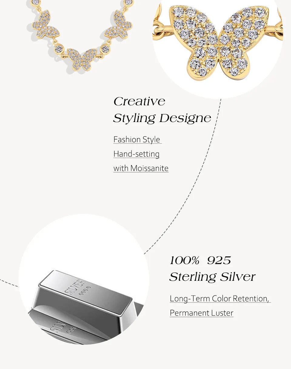 Luxury Butterfly Moissanite Necklace S925 Silver 18K Gold Plated DVVS1 Diamond Wedding Bride Pendant Gift For Women New