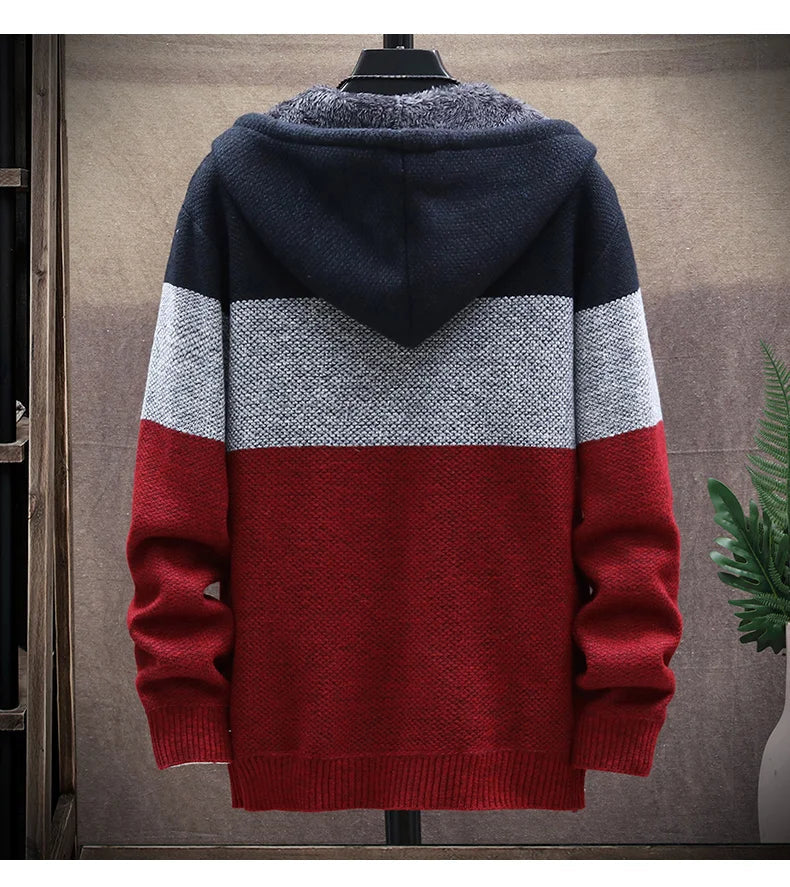 Men's Knit Sweater Fleece Coat Striped Jackets Fashion Hoodies Winter Autumn Thick Warm Windbreaker Pullovers Male Clothing