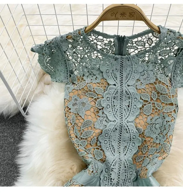 Retro Court Sle round Ne Fly Sve Slimming Soluble Hook Flower Hollow A-Line Dr Summer New Arrival Women's Faion