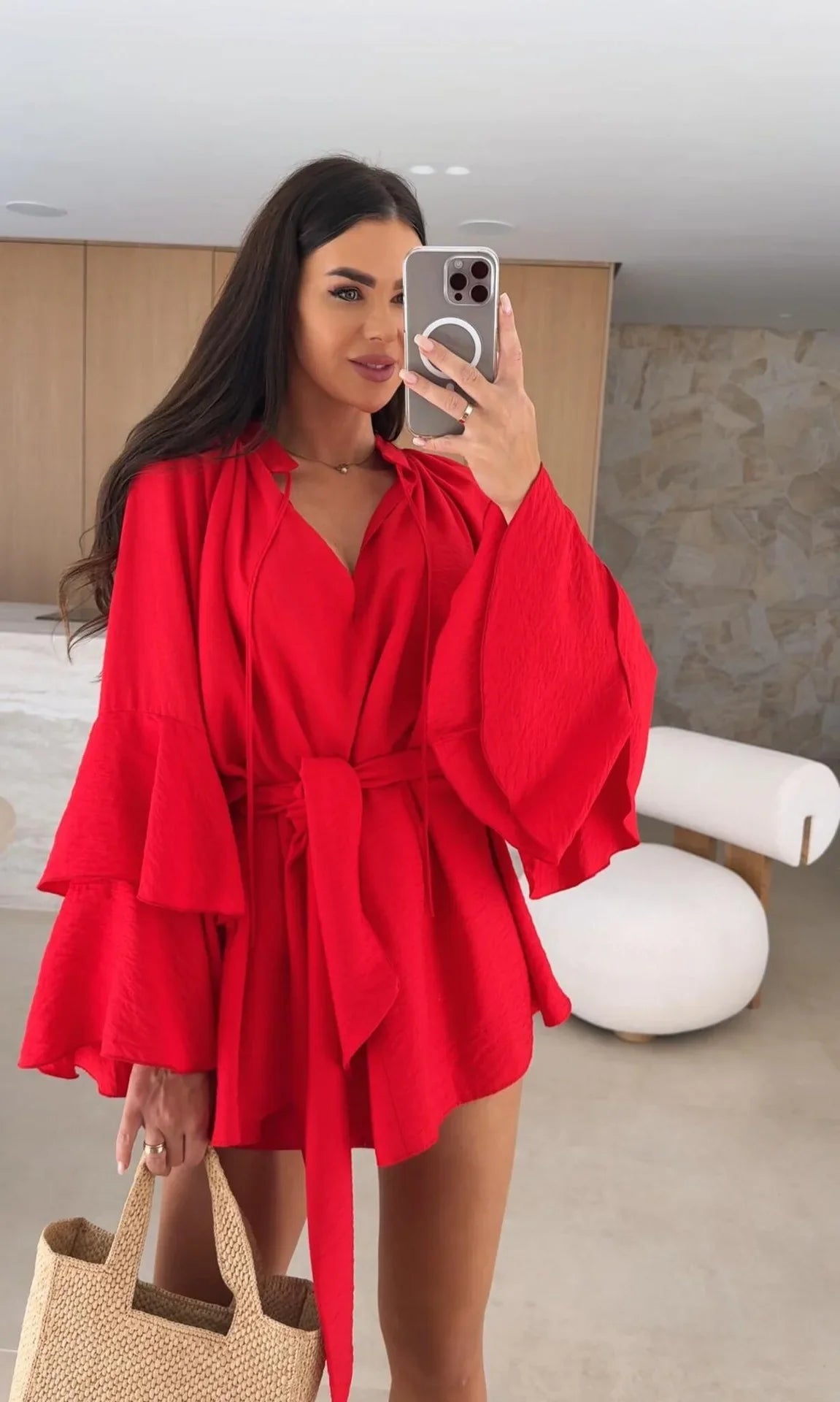 2026 Autumn Ruffle Loose Mini Dress Casual Flare Sleeve Holiday Dresses Sexy Deep V-neck Lace Up Solid Women's Dress Vestidos