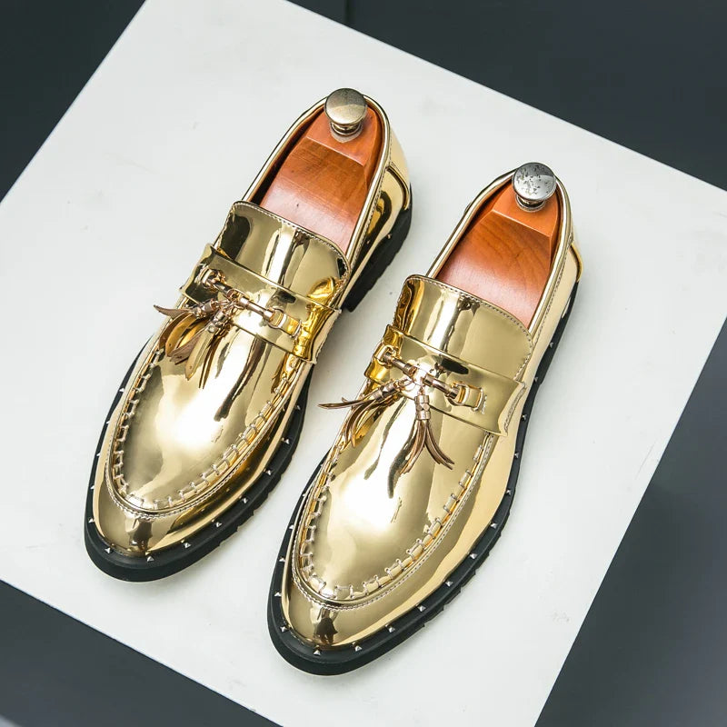 Luxury Golden Patent Leather Shoes Man Oxford Shoes Designer Tassel Formal Shoes for Men Fashion Social Dress Shoes Business