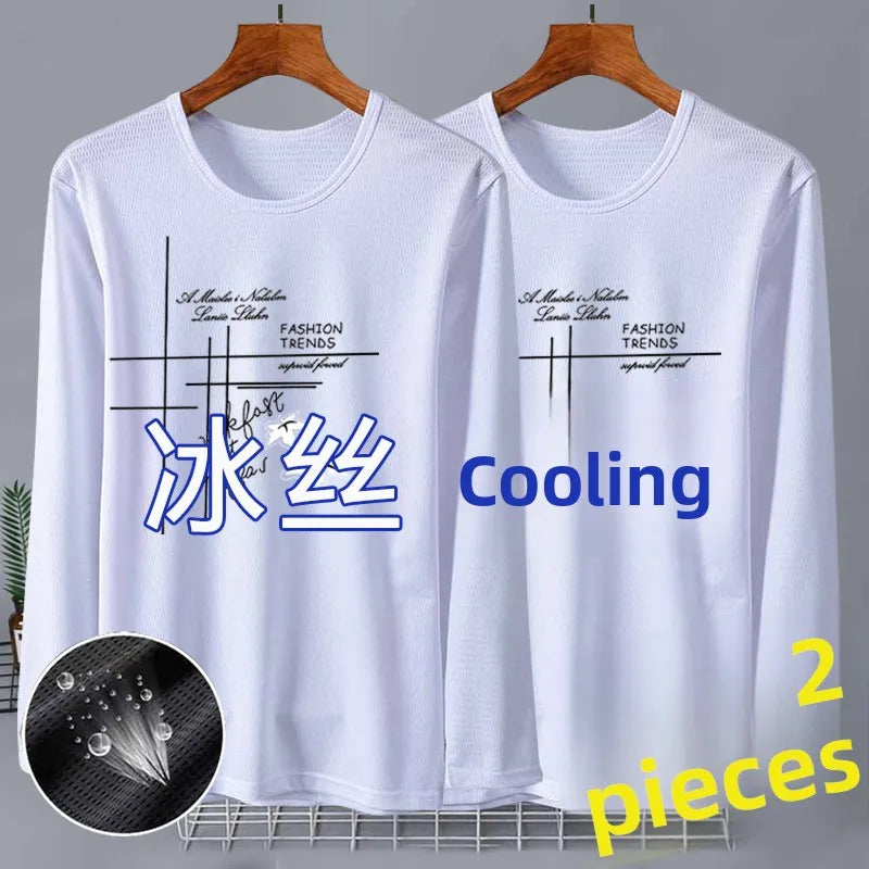 New 2025 Men's Ice Silk Breathable Sun Protection Hollow out Thin Long Sleeve Casual Sports T-Shirt Large Size Loose Fit