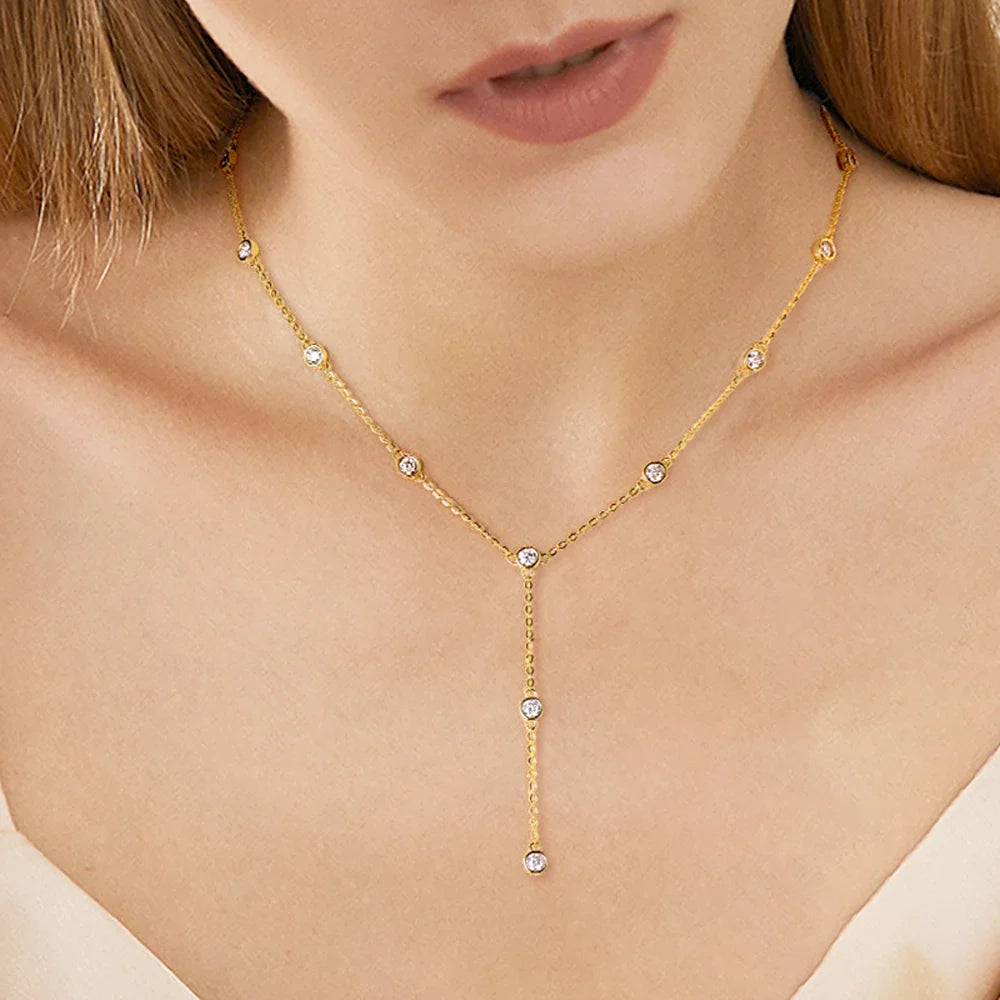 3mm Round Bubble Bezel Set Moissanite Diamond Necklace 925 Sterling Silver Plated 18k Gold Long Tassel Neckchain for Women