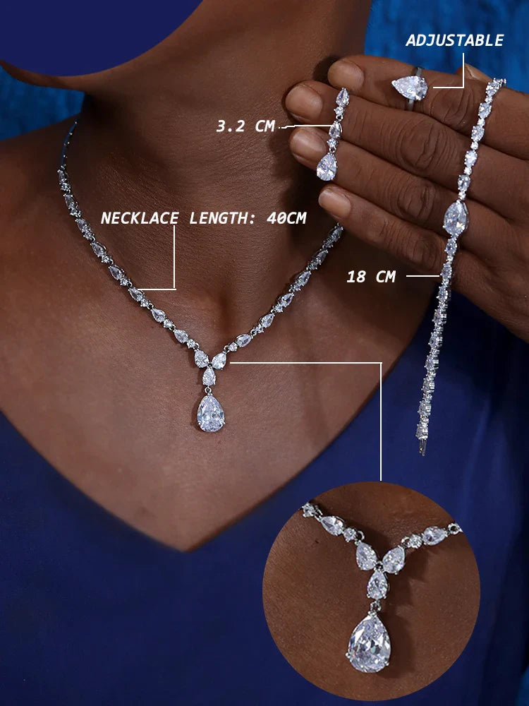 High Quality Cubic Zirconia Bridal Wedding Jewelry Water Drop Necklace Lady Pendant Four Piece Set Party Accessories