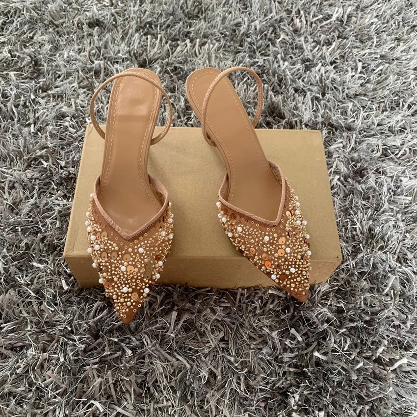 Fashion High Heeled Formal Party Shoes for Lady Luxury Sequin Pearl Stiletto Elengat Mesh Slingbacks Women Modern Sandals