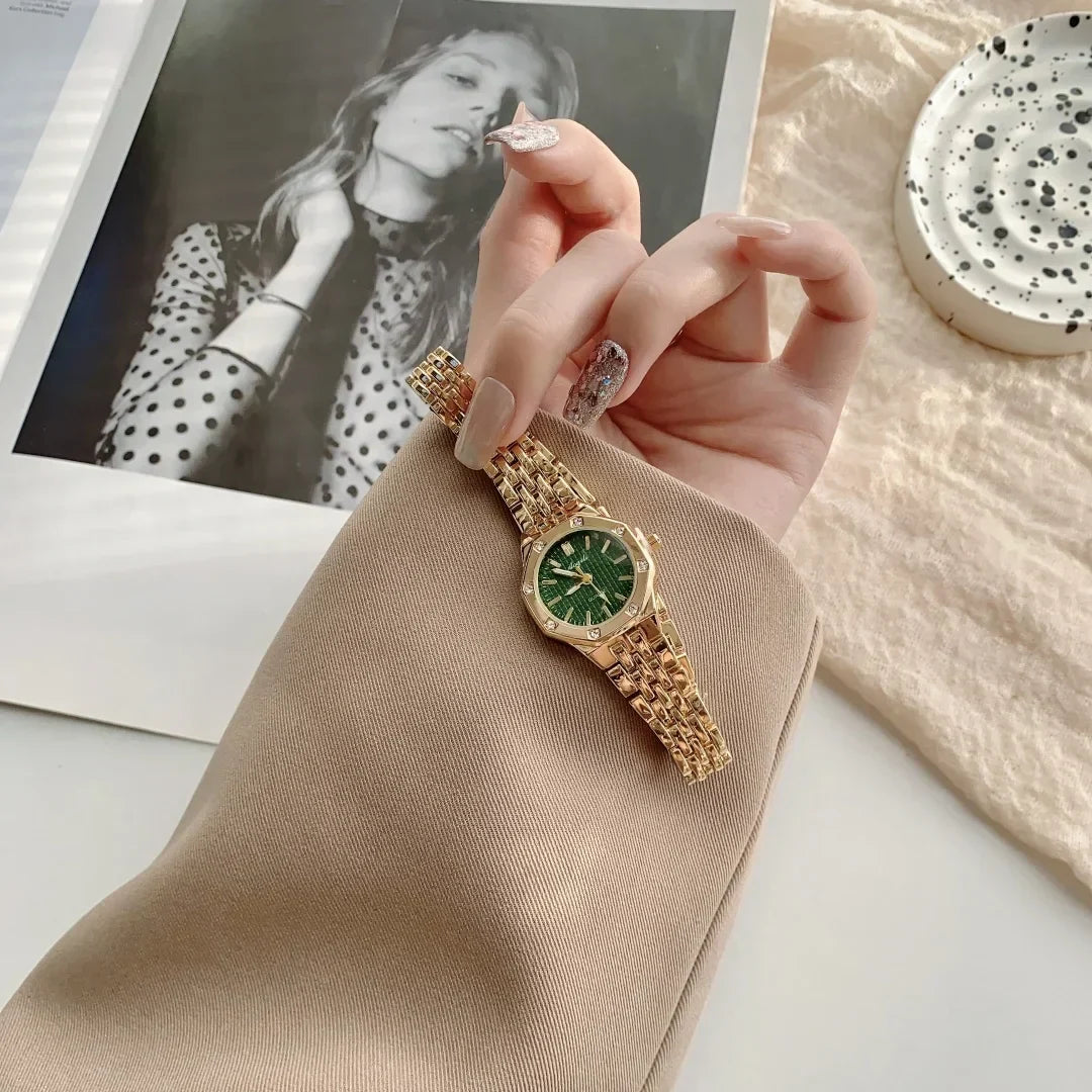 Women's Fashion Round Room Gold Steel Band Quartz Wristwatch Luxury Ladies Golden Watch for Women Clock Female Reloj