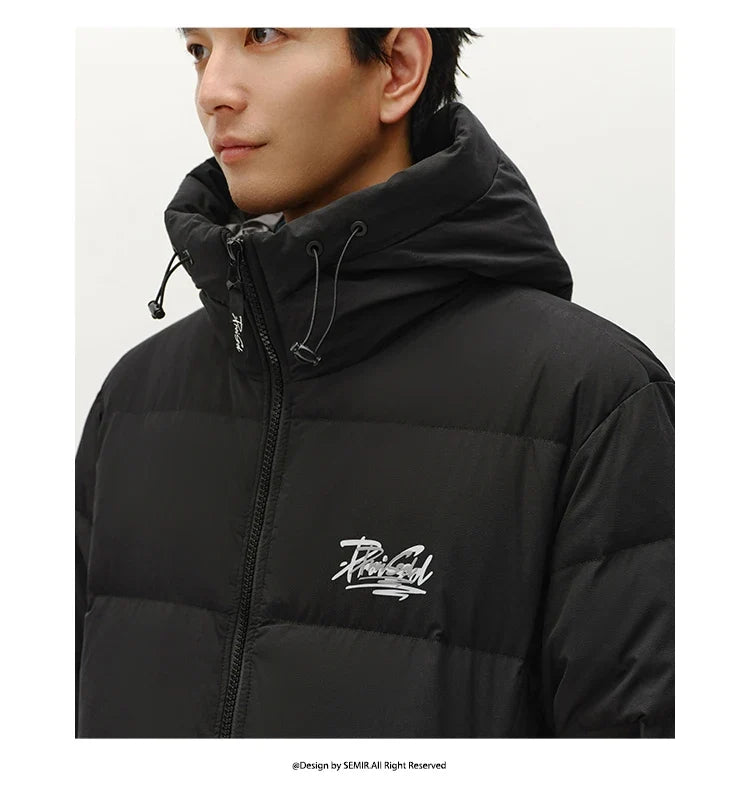 Down Jacket Men Winter 80% Down Fill Loose Hooded Outerwear Textured Street Trendy Letter Printed Top Men'S Clothing