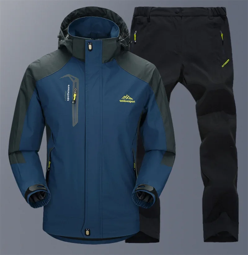 Outdoor Jacket Pants Sets Men Fleece Thermal Waterproof Windproof Hooded Jackets Hiking Military Trip Mountain Camping Clothes
