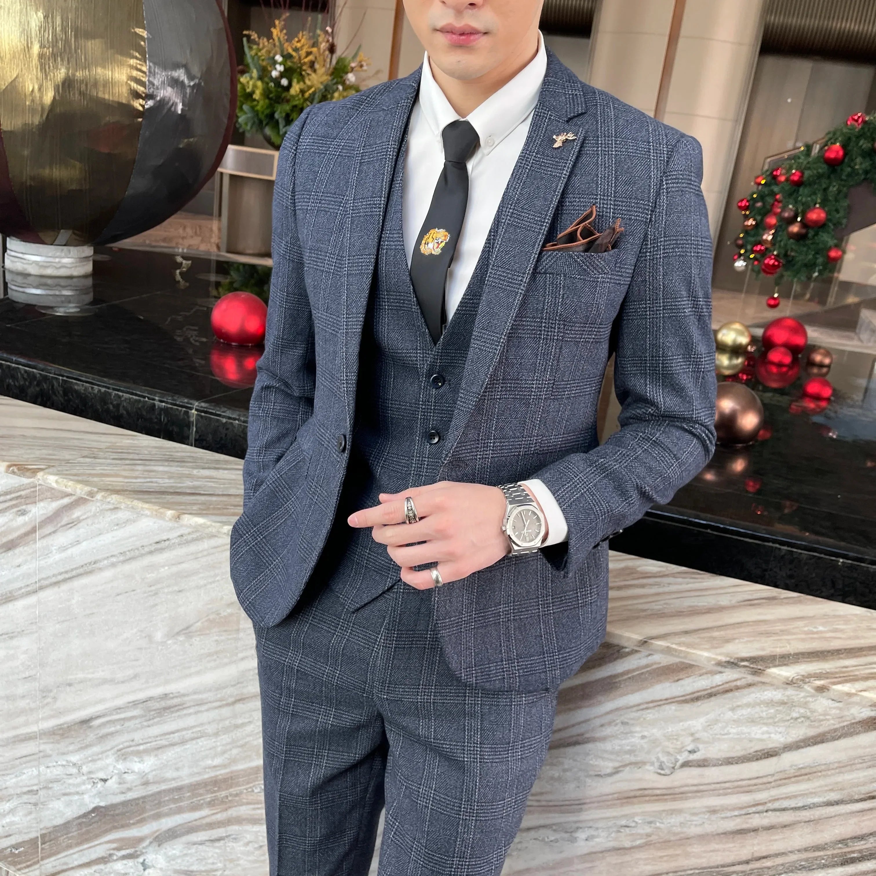 British Modified Plaid Three-Piece Suit for Men - Stylish Business Casual Suit Vest And Trousers Set