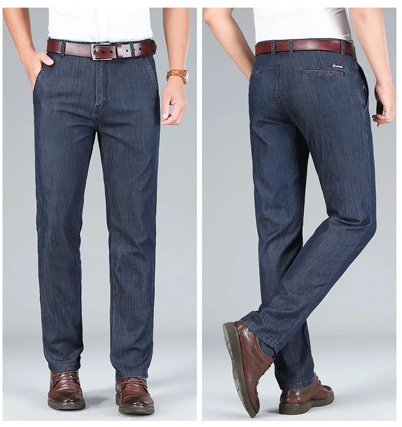 2026 Thin Stretch Denim Business Casual High Waist  High Lyocell  Men's Fit Straight Lightweight Cotton  Light Grey Jeans