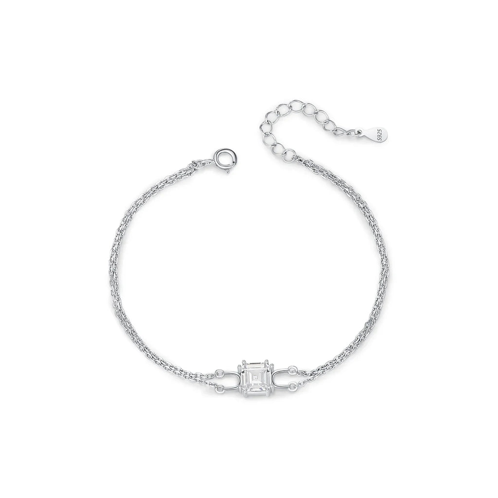 925 Sterling Silver Double Layer Link Chain Bracelet Shiny Square Emerald Cut Wedding Jewelry For Women Anniversary Gift