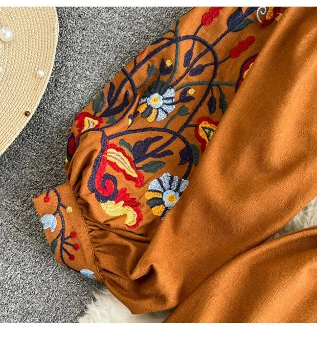 Retro Ethnic Sle Long Sve Embroidered round Ne A-Line Cotton Linen Dr Slimming Waist Cinched Ele Long Dr