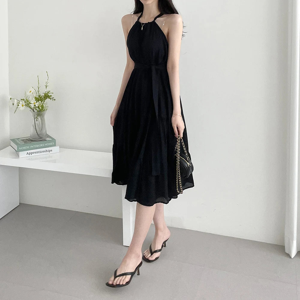 Korean Style Summer Slimming Necktie Waist Cinched Sleeveless Vest Long Dress Women's Fashionable Commute Style Inner Wear