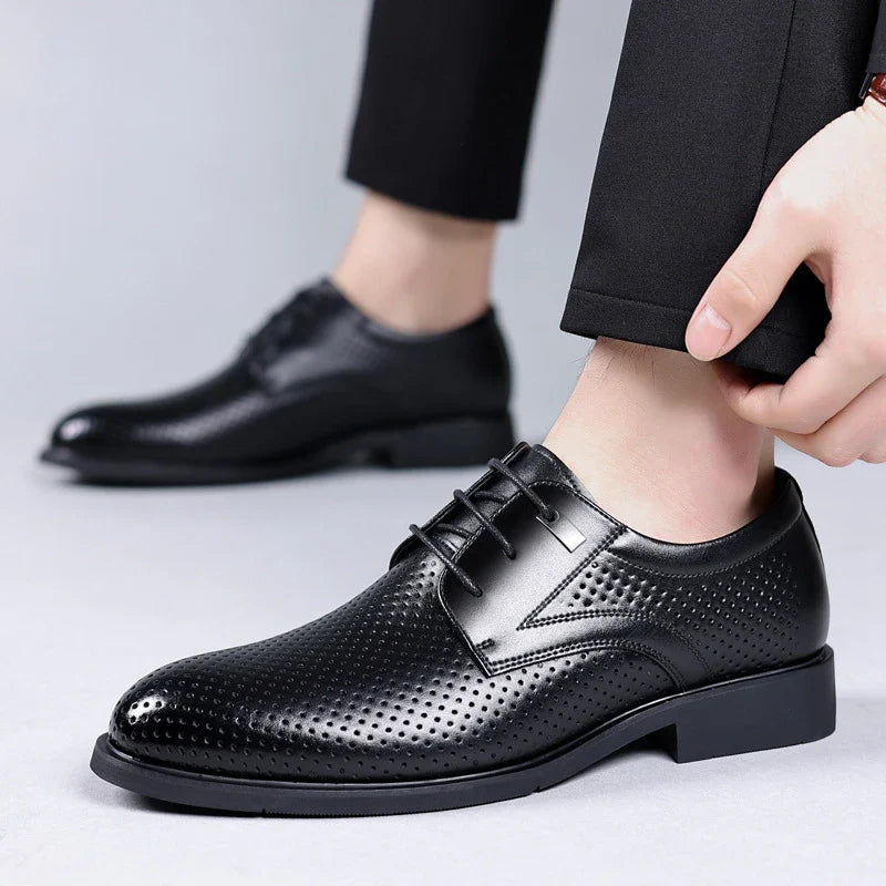 Mens Black Genuine Leather Perforated Metal Decor Lace Up Formal Business Office Breathable Summer Shoes Hollow Stylish Simple