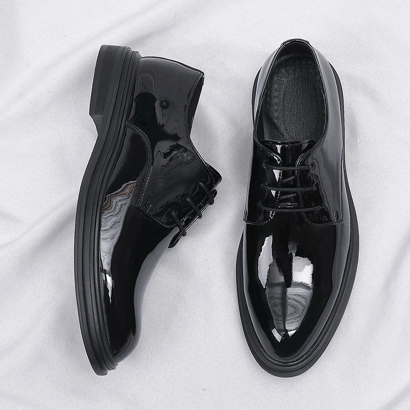 Mens Black Patent Leather Lace Up Dress Shoes With Thick Sole Platform Block Heel Formal Business Wedding Party Office Work Shoe