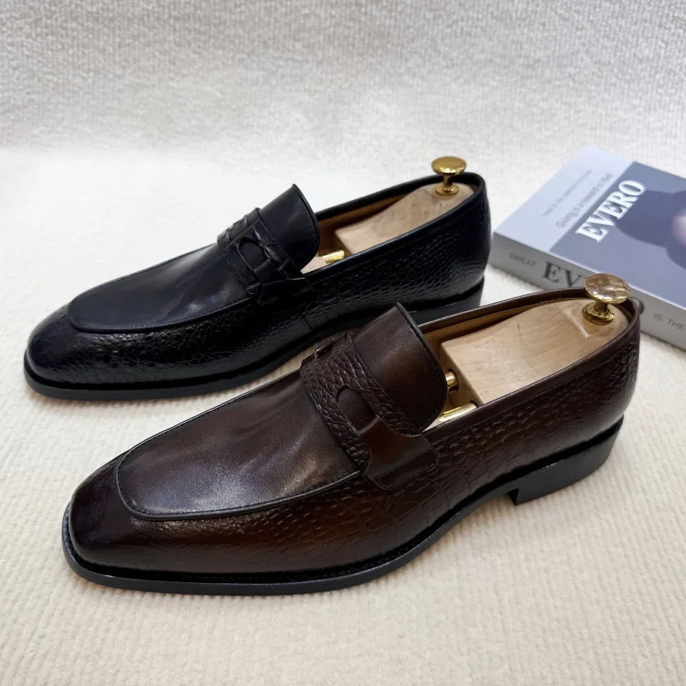 Luxury Men's Genuine Leather Dress Shoes Crocodile Print Wedding Loafers Double Buckle Business Office Formal Slip-On Shoes