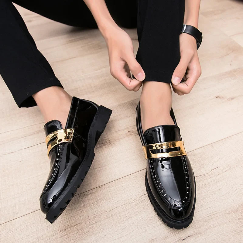 Fashion Classic Thick Sole Men's Penny Loafers Slip-On Business Dress Shoes Gentleman Metal Buckle Formal Black Shoes