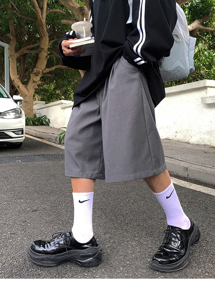 Spring Summer Loose Casual Soft Grey Pleated Shorts for Men with High Waist Short Straight Pants Korean Clothes 2024