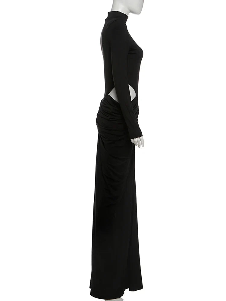 Hipster Waistless Ruched Elegant Dress Woman Autumn Style Turtleneck Full Sleeve Hollow Design Prom Party Long Bodycon