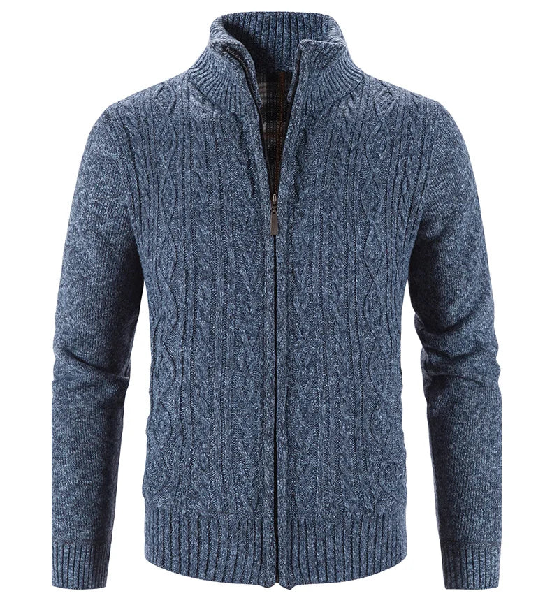 Winter Autumn New Sweater Knit Cable Cardigan Men Business Casual Jacket Zipper Up Solid Color Turn-down Coat Fleece Clothes