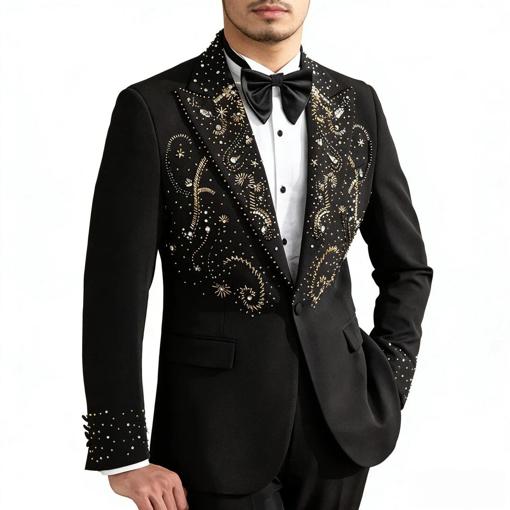 2 Piece Suit for Men Luxury Mens Suit For Wedding Host Banquet Handmade Beaded Western Suit French Elegant Black Blazer