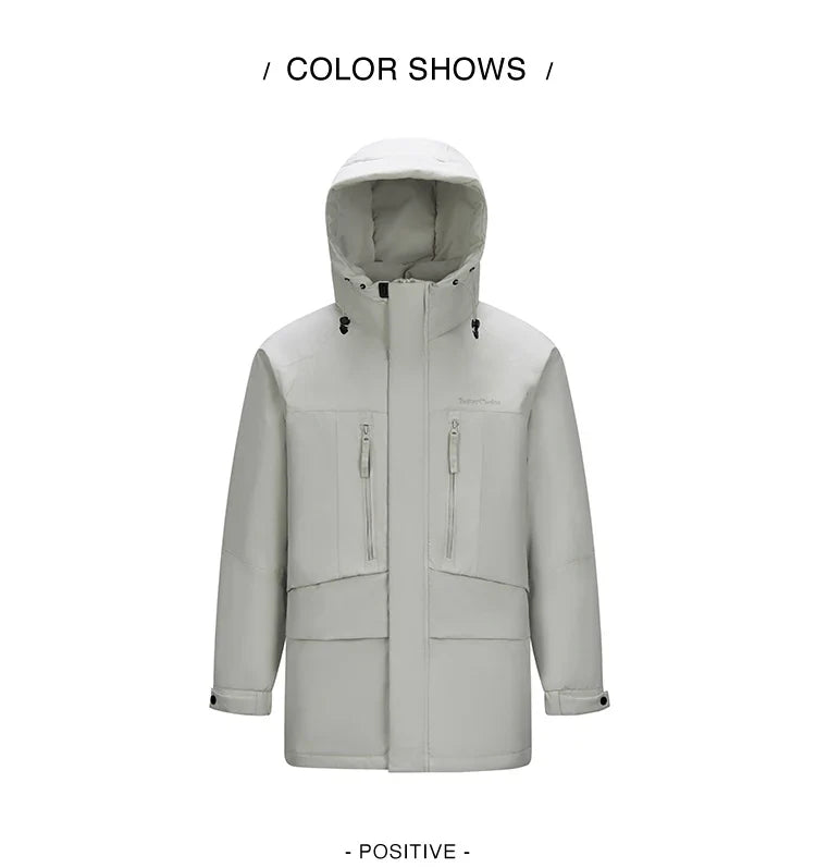 Down Jacket Men Mid-Length Hooded Sport Colorblock 2026 Winter Man Clothes Warm Outerwear Windproof Warm Colorblock Design