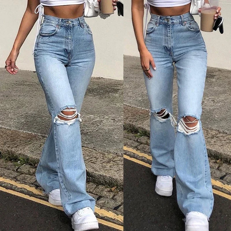 Women Vintage Ripped Flare Bell Bottom Jeans