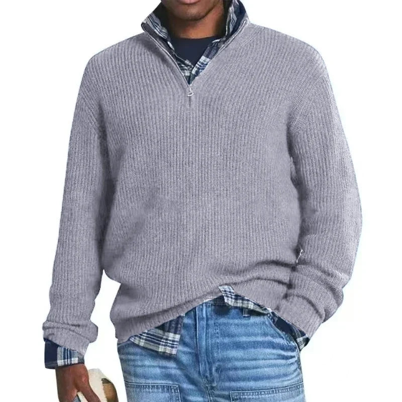 Men's Wool Blend Knit Sweater Casual Long Sleeve Zipper Collar Pullover Sweaters Winter Outdoor Warm Stripes Pullover Jumper