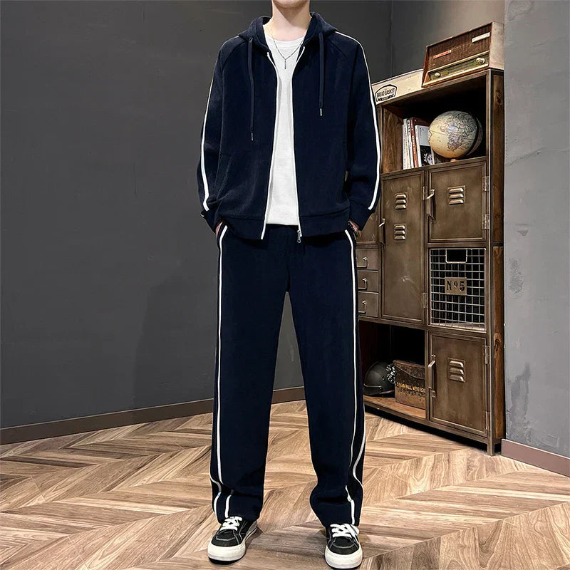 طقم بدلة رياضية رجالي كوردروي مقاسات كبيرة 8xl 7xl، سويت شيرت أسود بقلنسوة وسروال قطعتين، بدلات خريف وشتاء، جاكيت بغطاء للرأس كبير الحجم ملابس رياضية للرجال