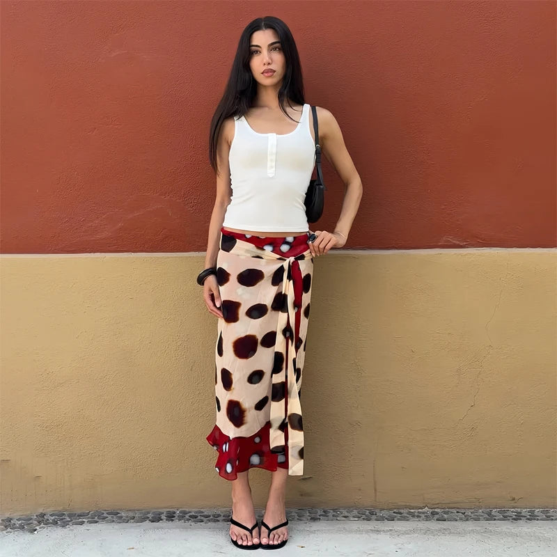 Print V-neck Lace Up Casual Dress Women Chic Thin Mesh Polka Dot Flared Sleeves Patchwork Slim Fit Dresses Lady Daily Vestidos