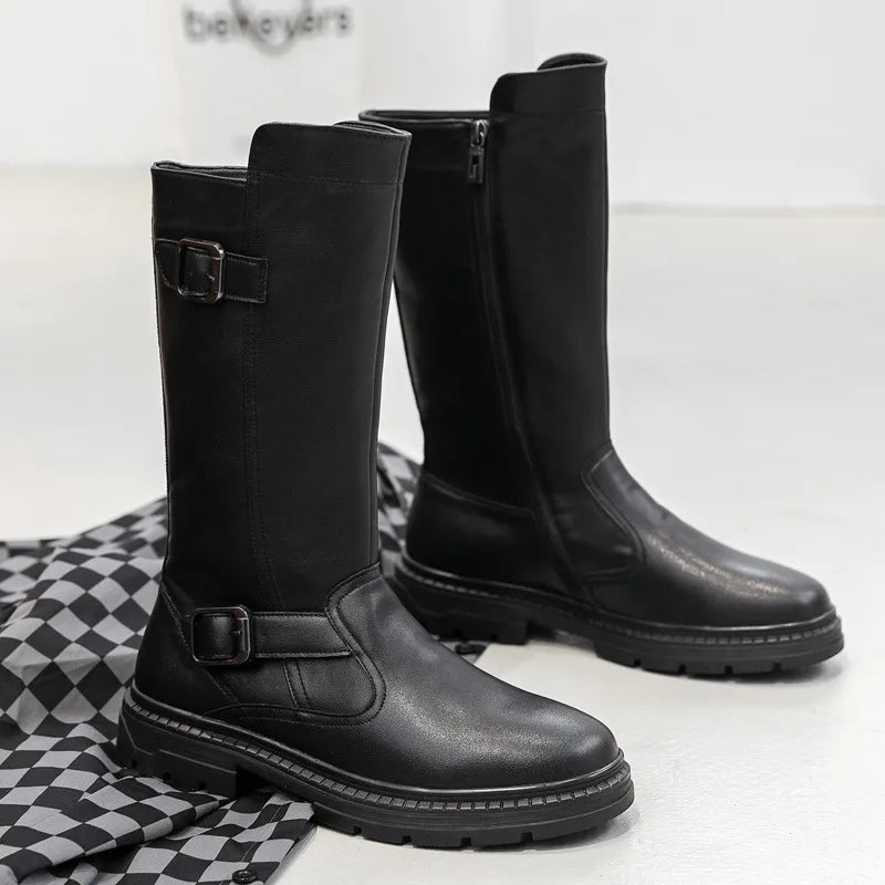 Size 38-46 Men's Fashionable High-Top Leather Boots Genuine Cowhide Shoes Side Zipper Thick-Sole Cowboy Boots for Everyday Wear