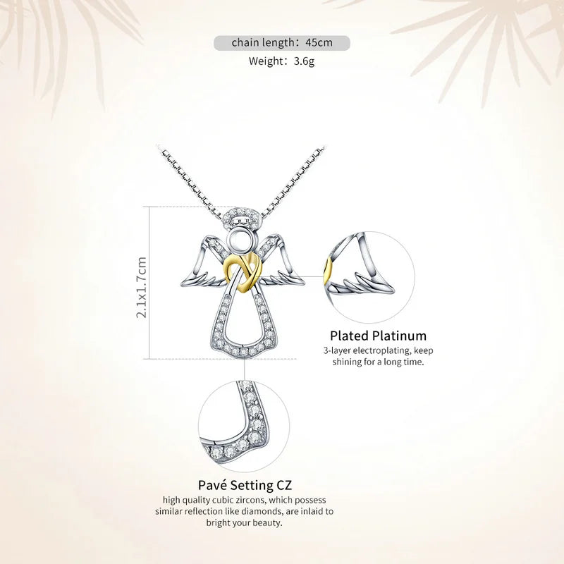 925 Sterling Silver Guardian Angel Pendant Necklace Angel Wing Chain for Women Dazzling Zircon Luxury Jewelry SCN123