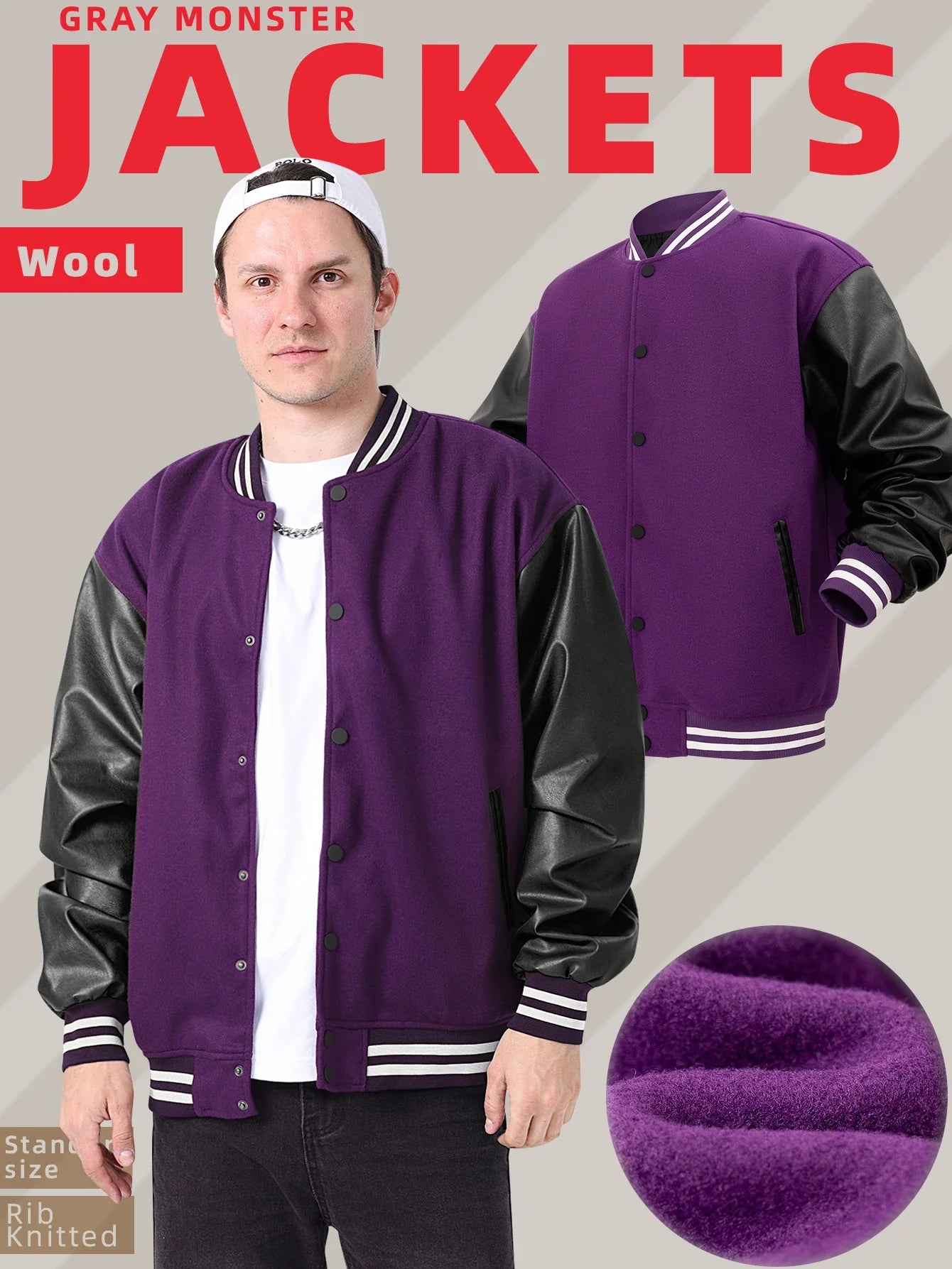 Men's Classic Varsity Jacket with Faux Leather Sleeves Letterman Style Baseball Coat Color-Block Lightweight Men's