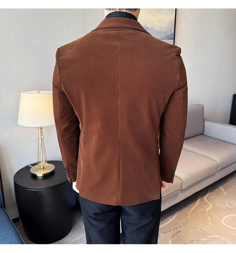 Corduroy Stripe Suit Jacket For Men Autumn Winter Business Slim Fit Tailcoat Formal Wedding Party Fashion Casual Suit Coat 4XL-M