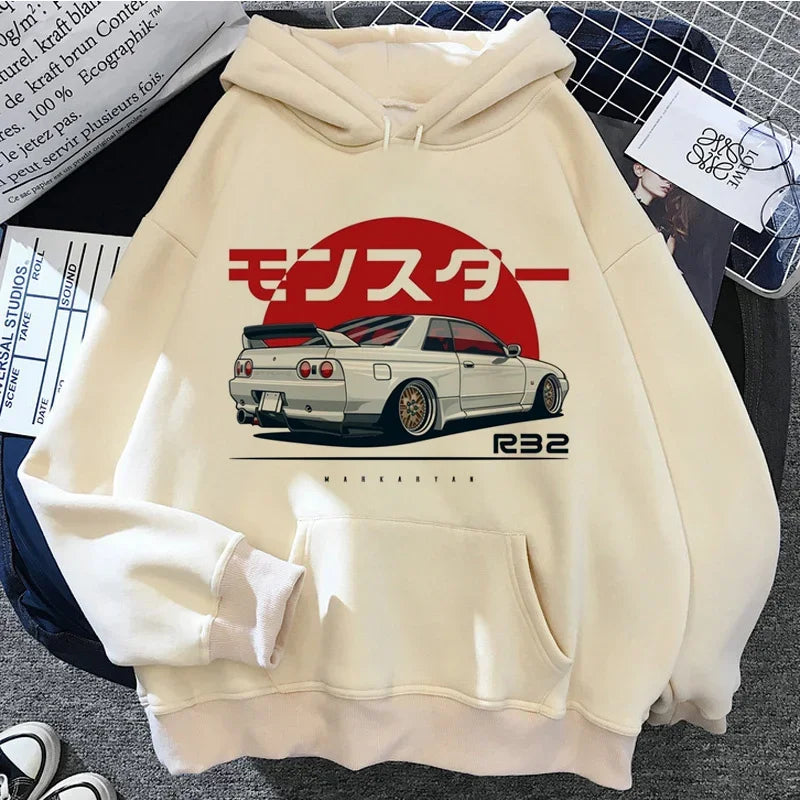 Jdm مطبوعة هودي رجالي_نسائي كاجوال عصري قميص بقبعة نسائي y2k أكمام طويلة بلوفرات ملابس للجنسين
