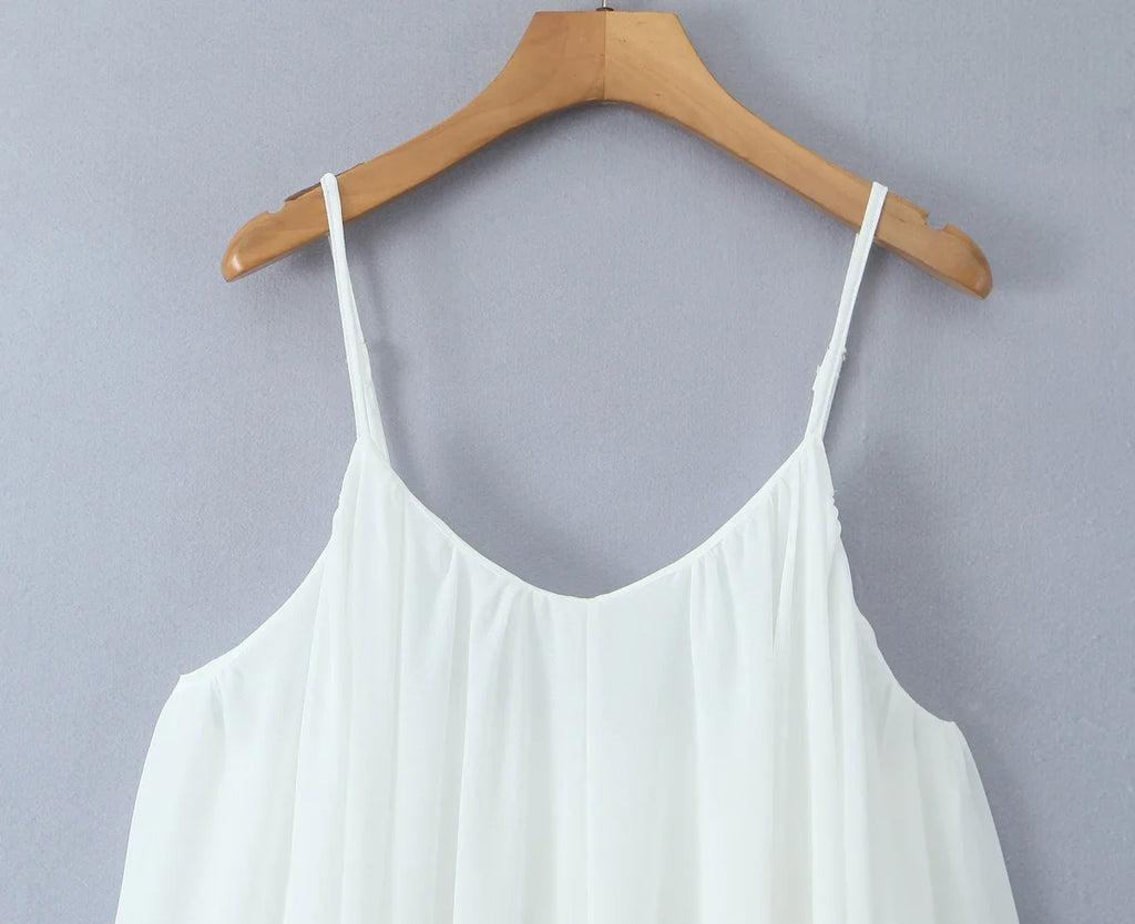 2025 Women White Big Backless Sling Dress O Neck Back Zipper Loose Swing Mini Short Dresses Holiday Robe