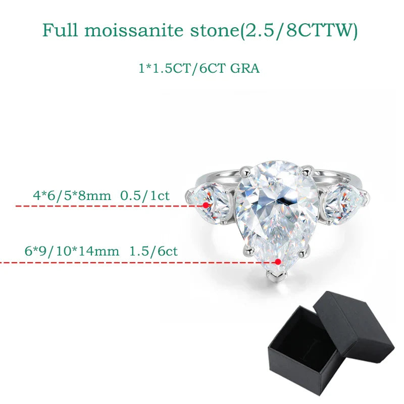 2.5/8cttw Pear Cut All Certified Moissanite Rings for Women 3 Stones Wedding Luxury Quality S925 Sterling Silver Jewelry