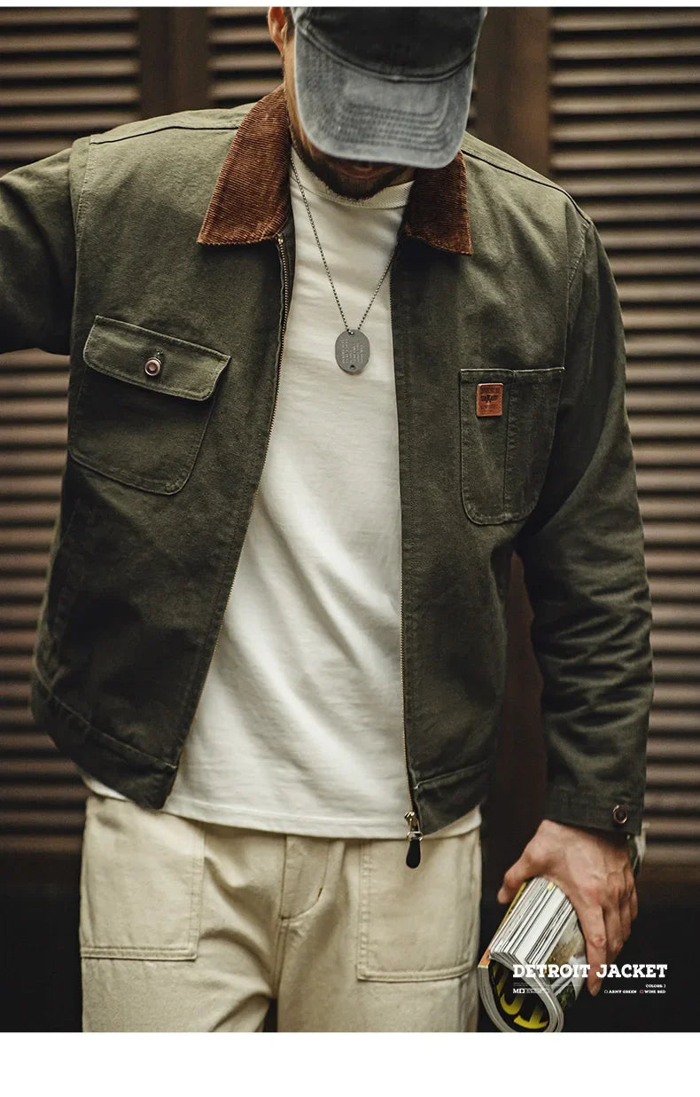 Retro Heavyweight Canvas Detroit Jacket Corduroy Collar Hunting Short Zip-Up Jacket with Pockets Men's Autumn Outerwear