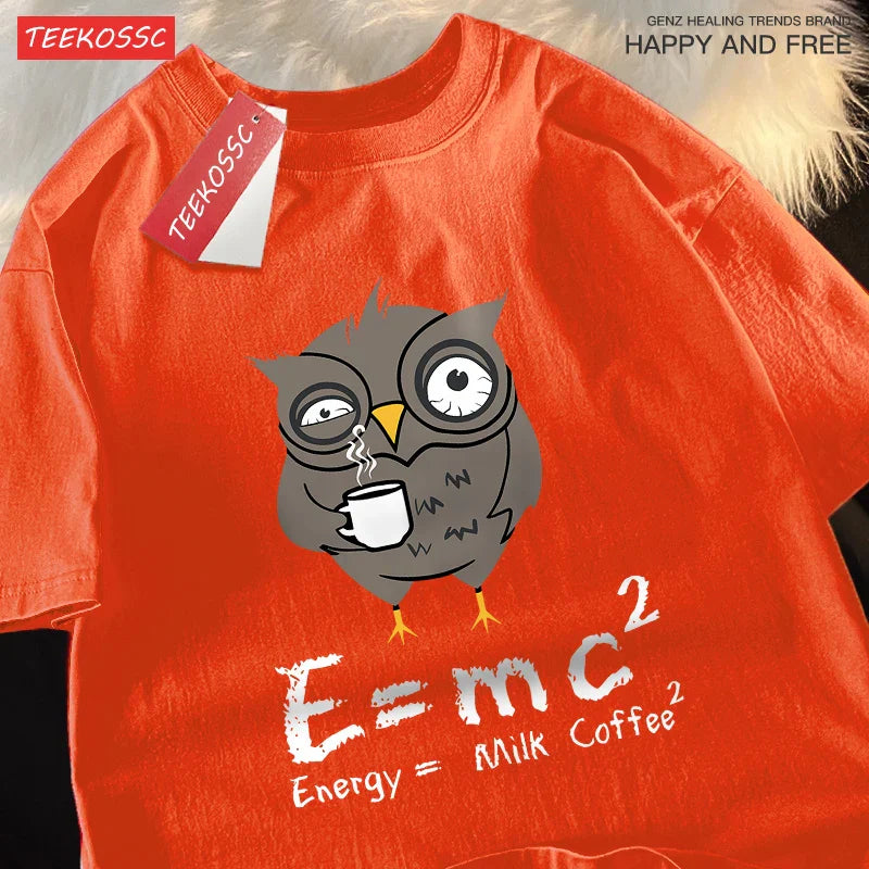 تي شيرت رجالي مطبوع عليه شعار "Energy Milk Coffee Fun Formula" من القطن بياقة مستديرة وتصميم فضفاض كبير الحجم مناسب للشارع ومناسب للزوجين