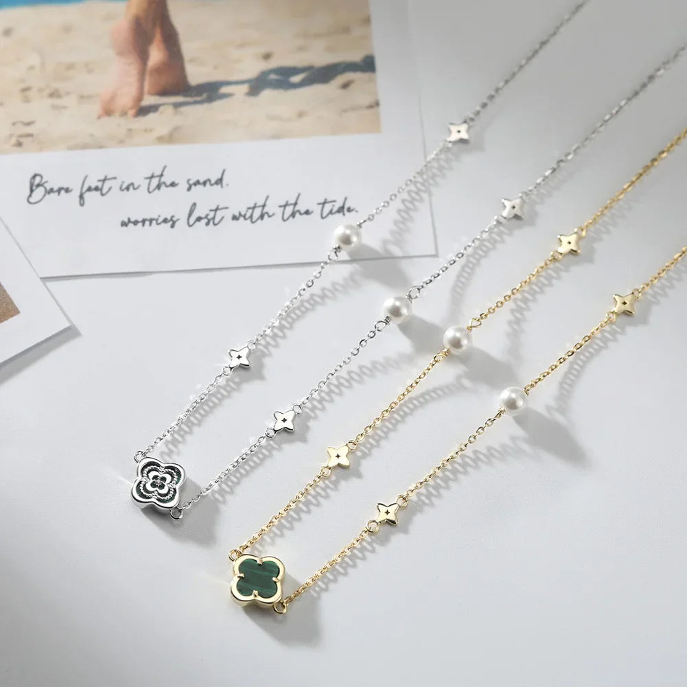 Elegant Ladies 925 Sterling Silver Necklace Four-Leaf Clover Inlaid Shell Decoration Suitable Daily Wear And Gifts