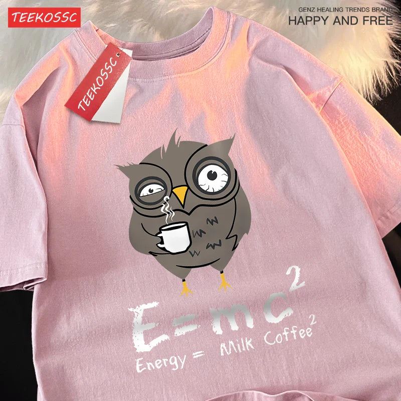 تي شيرت رجالي مطبوع عليه شعار "Energy Milk Coffee Fun Formula" من القطن بياقة مستديرة وتصميم فضفاض كبير الحجم مناسب للشارع ومناسب للزوجين