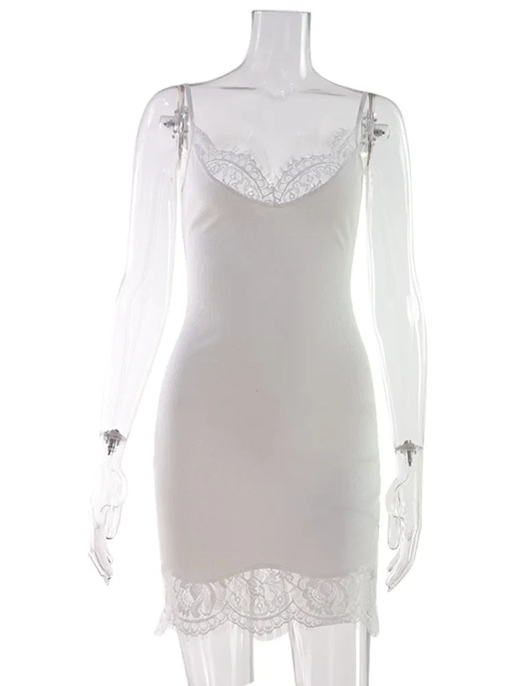 Lace Patchwork Camisoles Solid Sexy Club Women Dresses Fashion Skinny Hip Wrap Female Outfits Fitness Regular Casual