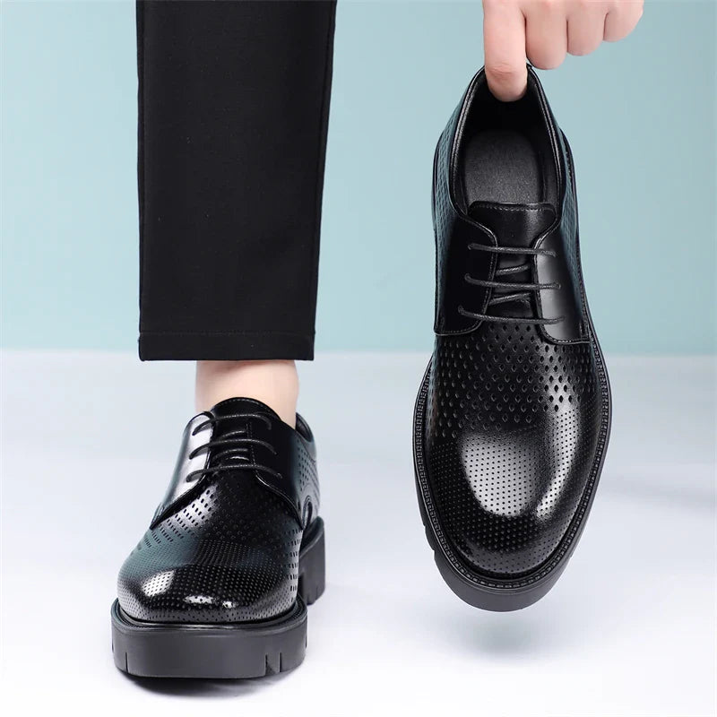 Summer Hollow Out Breathable Men Height Increasing Oxford Shoes 8/10CM Formal Business Dress Wedding Party Elevated Leather Shoe