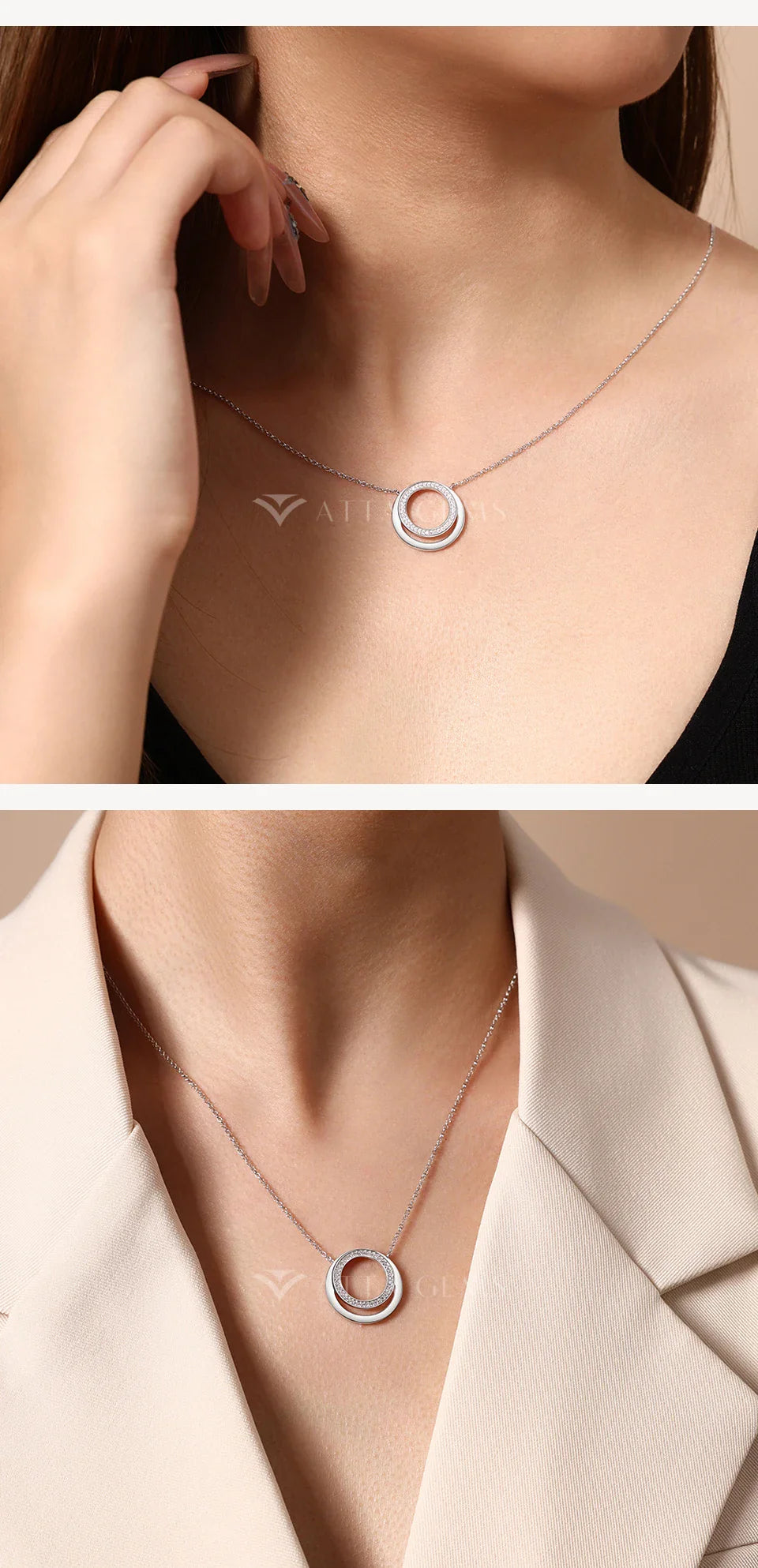 Full Moissanite Necklace DVVS1 18K Gold Plated 925 Sterling Silver Double Circle Round Pendant Women Party Fine Jewelry
