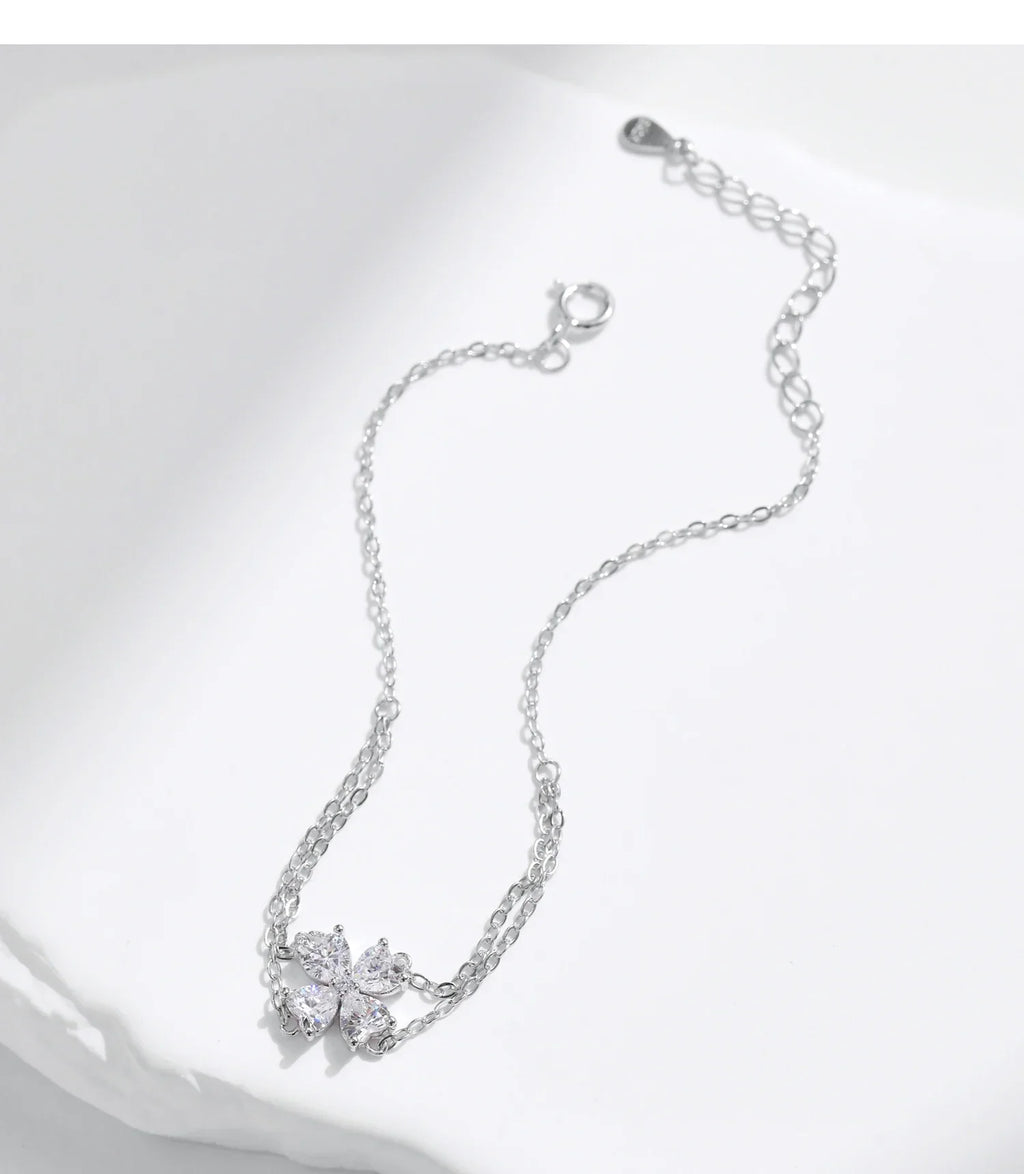 925 Sterling Silver Double Layer Flowers Hearts CZ Romantic Bracelet Luxury Adjustable Chain Link for Women Jewelry