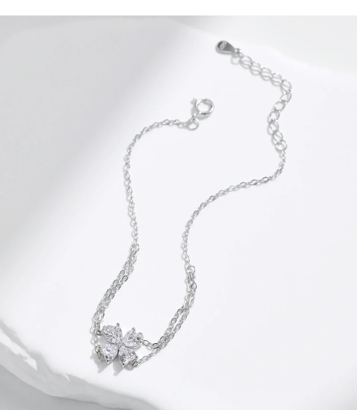 925 Sterling Silver Double Layer Flowers Hearts CZ Romantic Bracelet Luxury Adjustable Chain Link for Women Jewelry