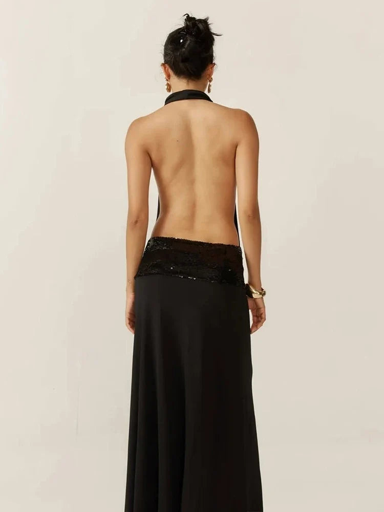 Backless Fashion Dresses Elegant Halter Patchwork Draped Maxi Bodycon Female Solid Simple Evening Party Frock New