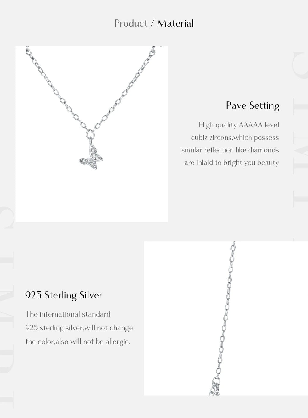 Flying Butterfly CZ Necklace 925 Sterling Silver Simple Link Chain Charms White Gold Plated Necklaces For Women Jewelry