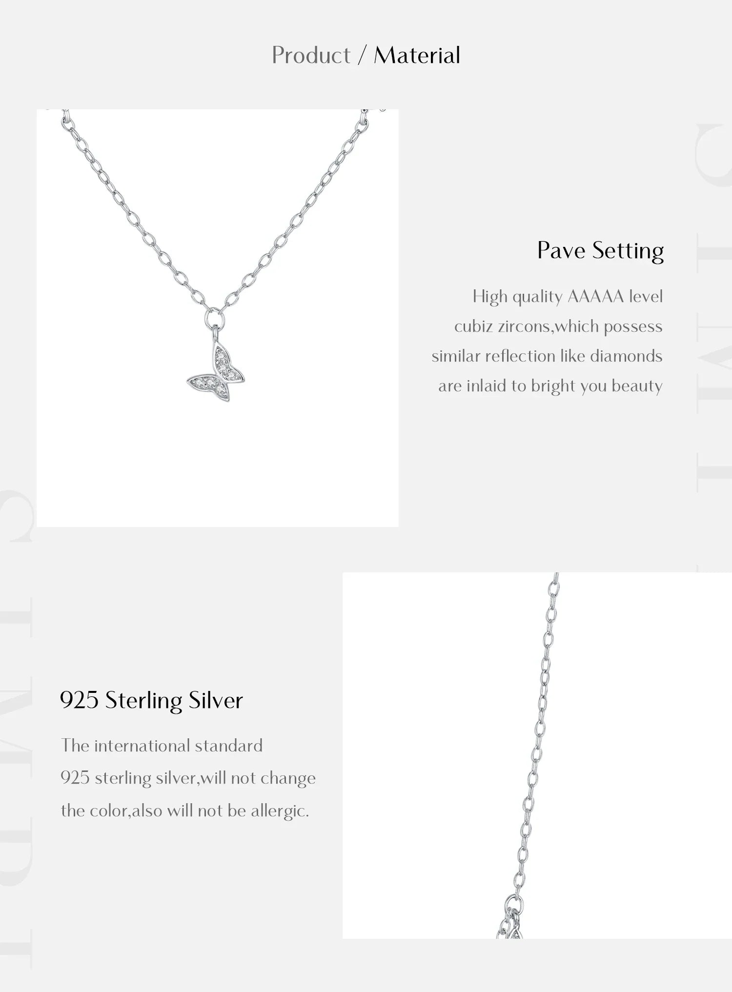 Flying Butterfly CZ Necklace 925 Sterling Silver Simple Link Chain Charms White Gold Plated Necklaces For Women Jewelry