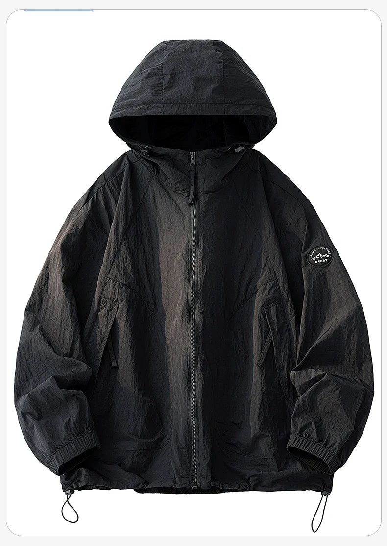 UPF50+ Men's Hooded Sunscreen Jacket Summer Ultra Thin Zipper Pocket Windbreaker Elastic Cuffs Outdoor Hiking Fishing Skin Coats